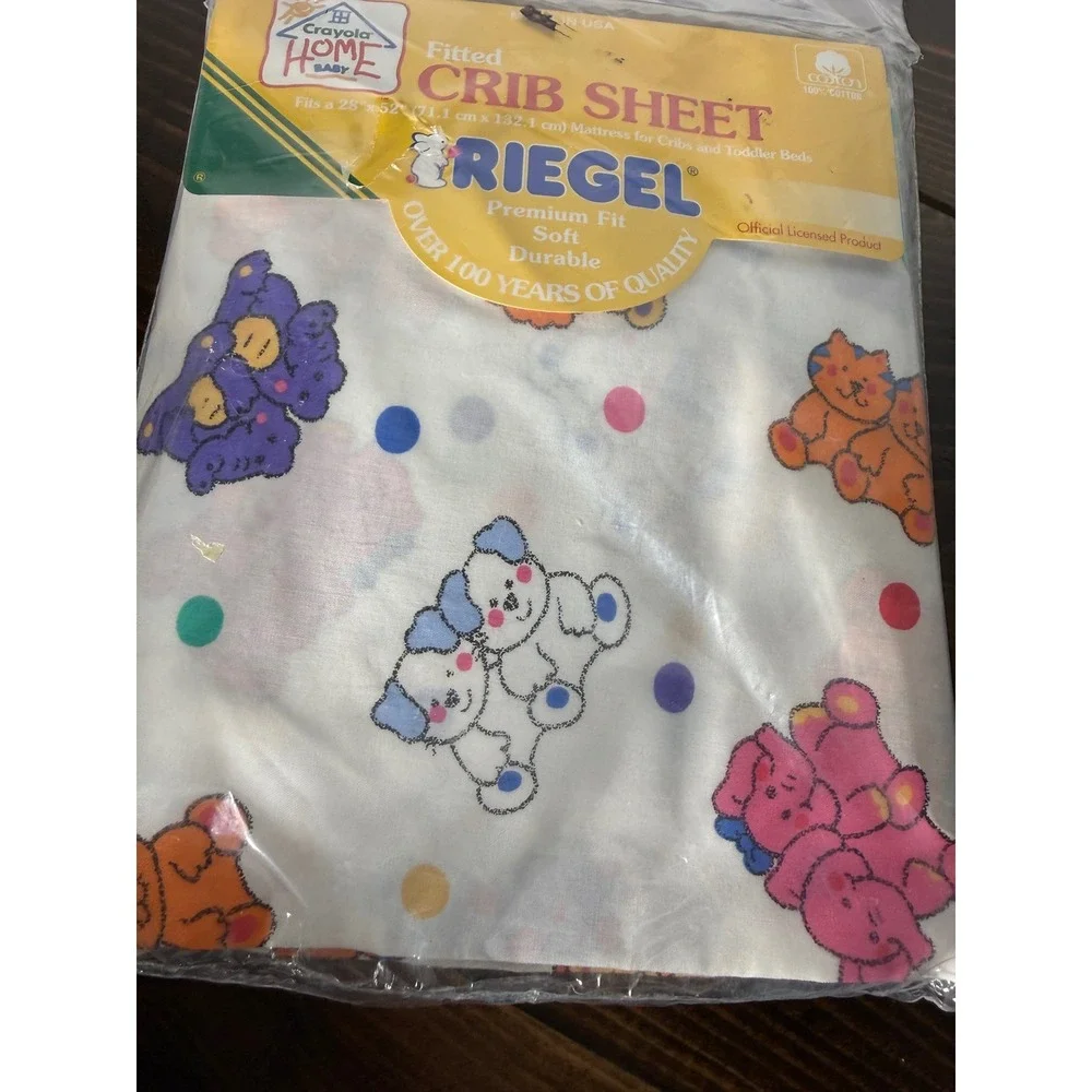 VTG 1994 Crayola Home Baby Riegel Fitted Crib Sheet Cotton Bears Polka Dot NIP